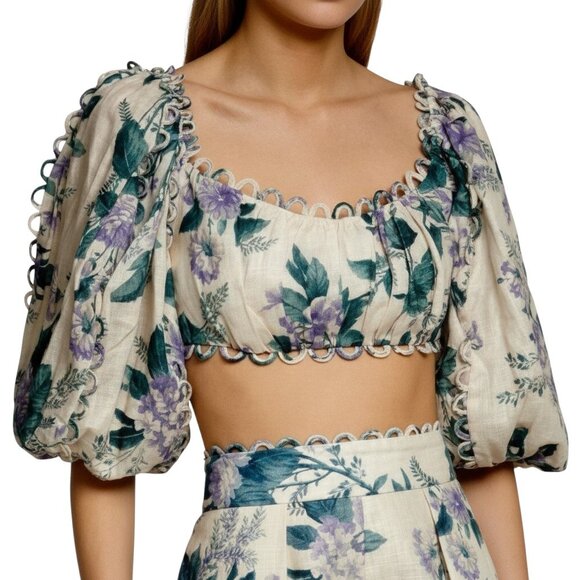 Zimmermann Tops - Zimmermann Floral Linen Loop Trim Puff Sleeve Crop Top 0 XS Designer Luxury